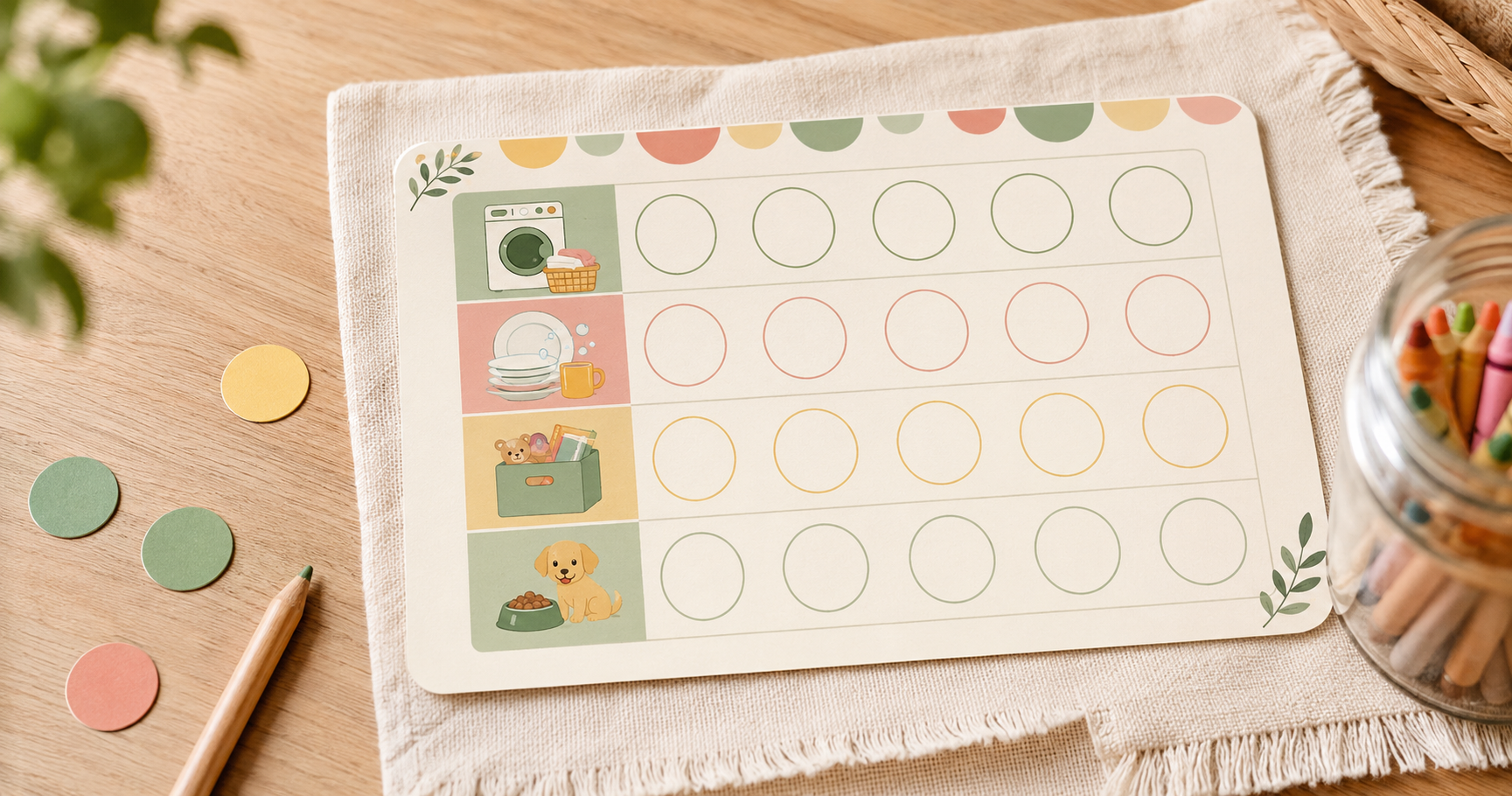 A colorful printable ADHD chore chart with sticker spaces on a warm linen surface next to colored pencils and round sticker dots