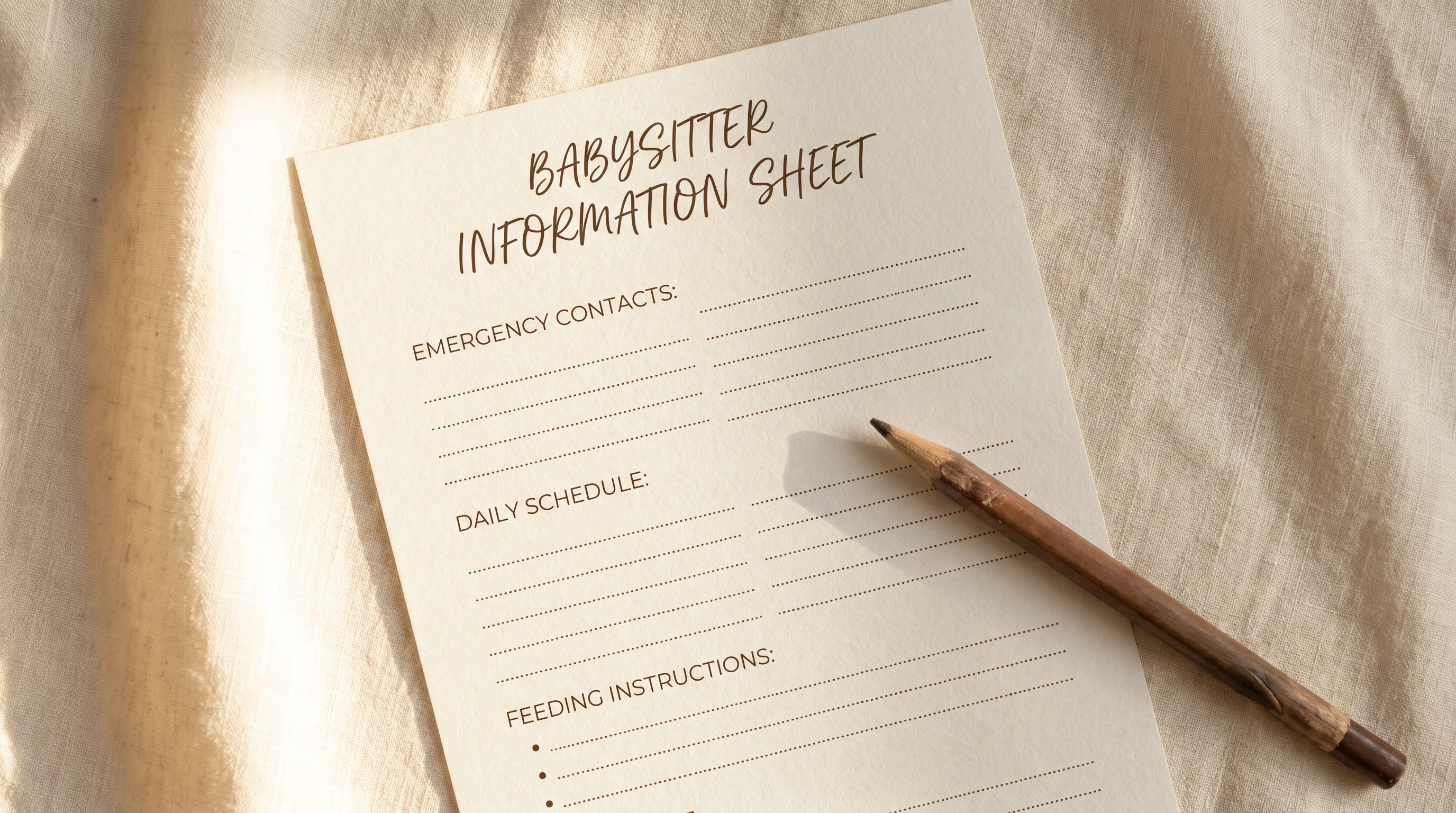 A printed babysitter info sheet on a linen surface showing sections for emergency contacts, daily schedule, and feeding instructions