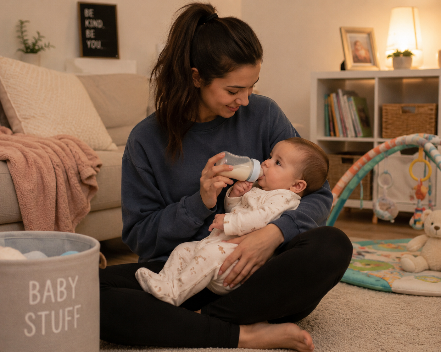 A caregiver holding a sleeping infant near a crib with a printed babysitter information sheet on the dresser