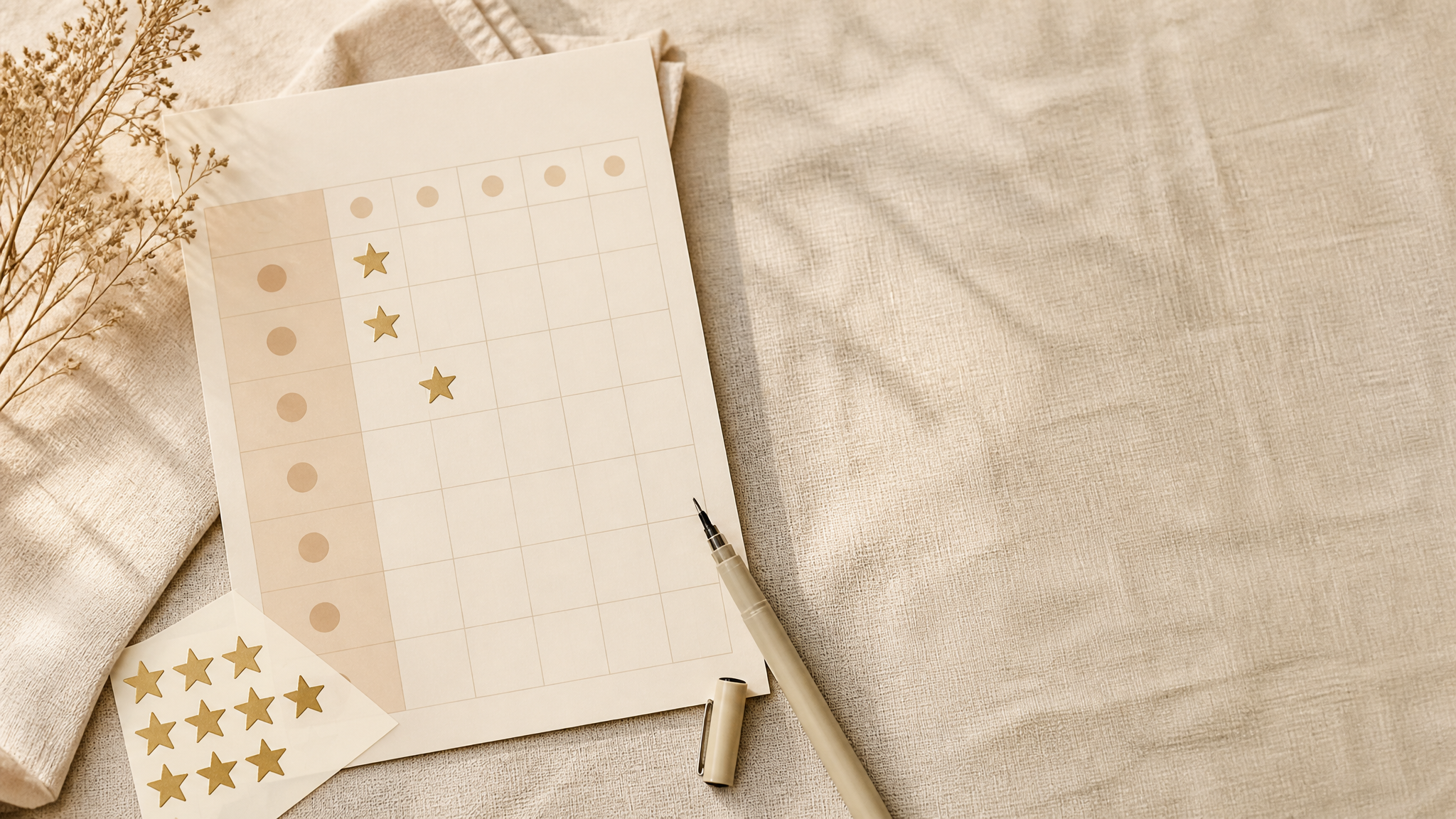 A printed reward chart with gold star stickers and a pen on a warm linen surface