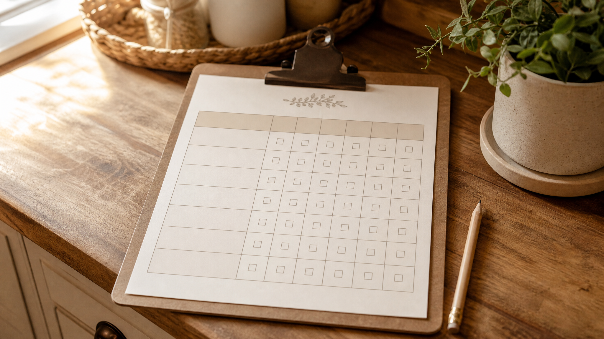 A printable chore chart template on a clipboard on a wooden kitchen counter, with checkbox columns for each day of the week, a pencil, and a small potted plant nearby