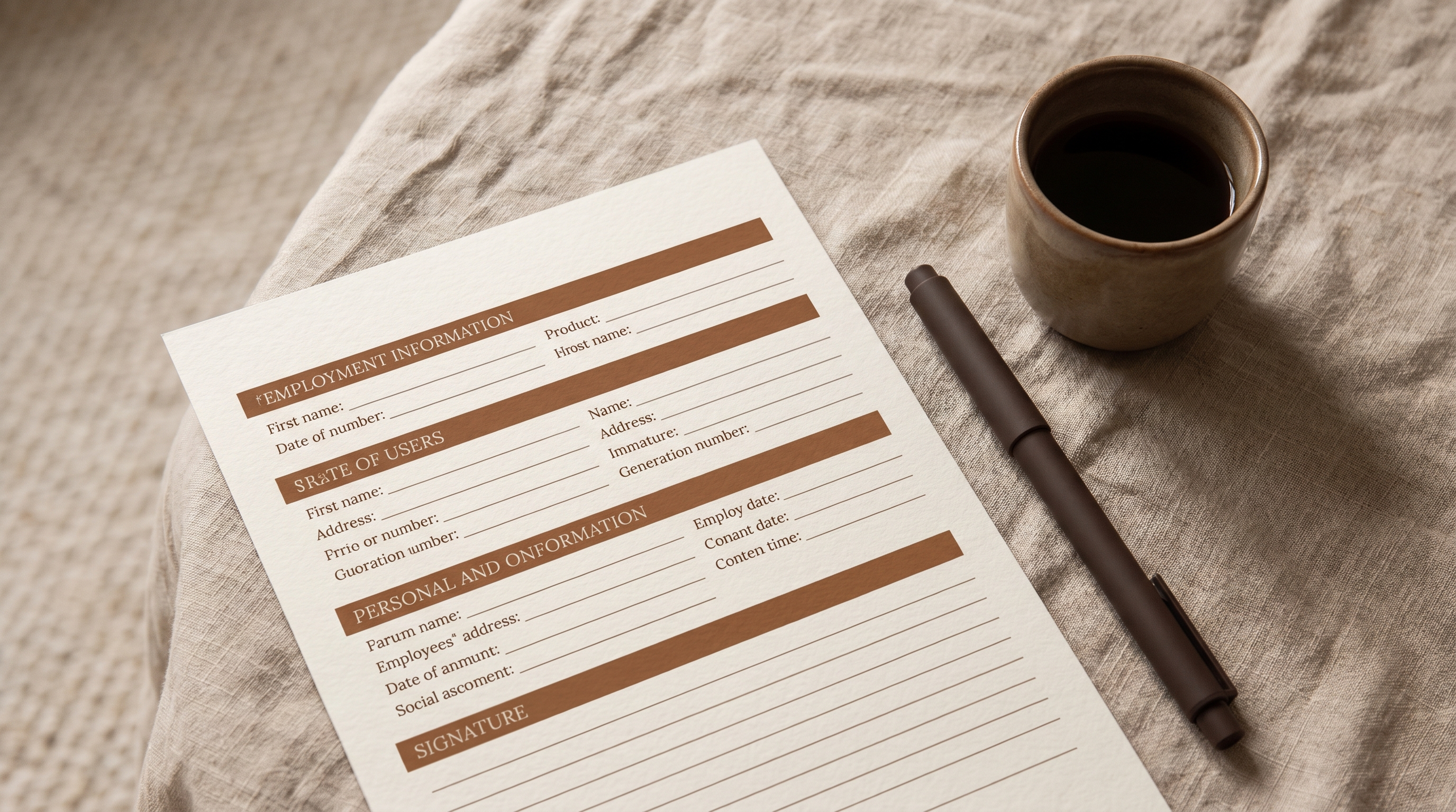 A printed co-parenting agreement on a linen surface next to a pen and a cup of tea