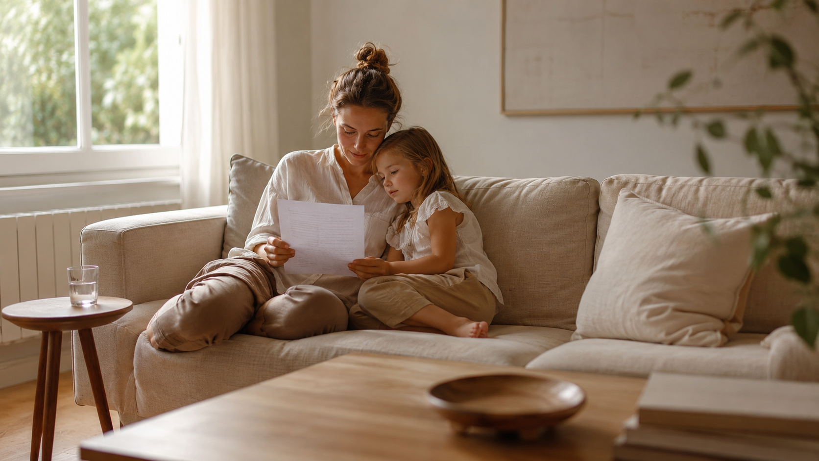 A babysitter reading a printed information sheet with a young child beside her on a couch