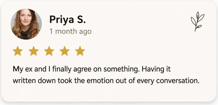 Priya S. — 5 star review: My ex and I finally agree on something. Having it written down took the emotion out of every conversation.